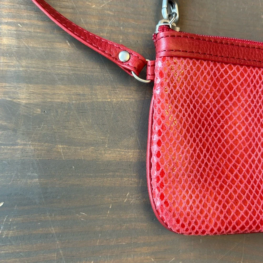Fossil Red Suede Snakeskin‎ Wristlet Purse Wallet Zip Around Credit Card